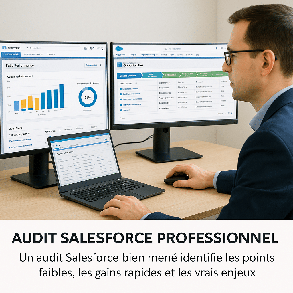 Consultant réalisant un audit Salesforce sur deux écrans