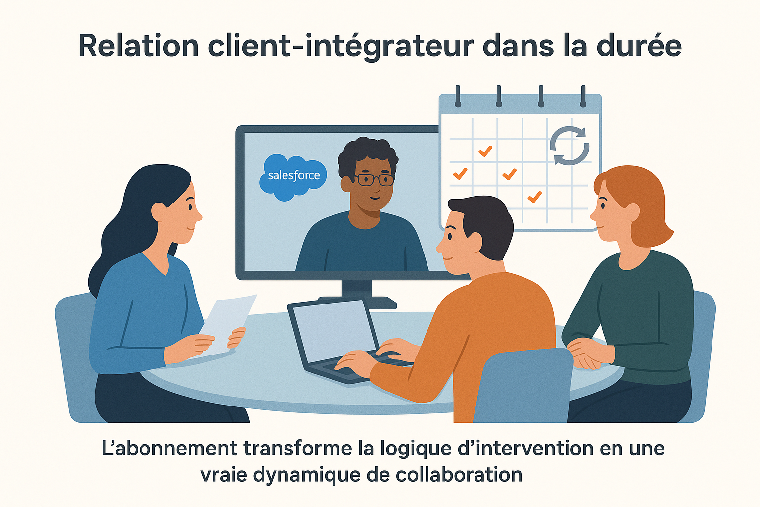 Equipe projet Salesforce collaborant dans un modèle récurrent