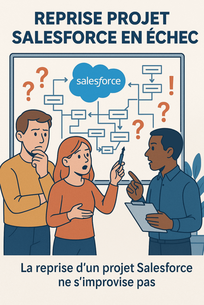 Reprise projet Salesforce – équipe analysant l’org sur tableau blanc
