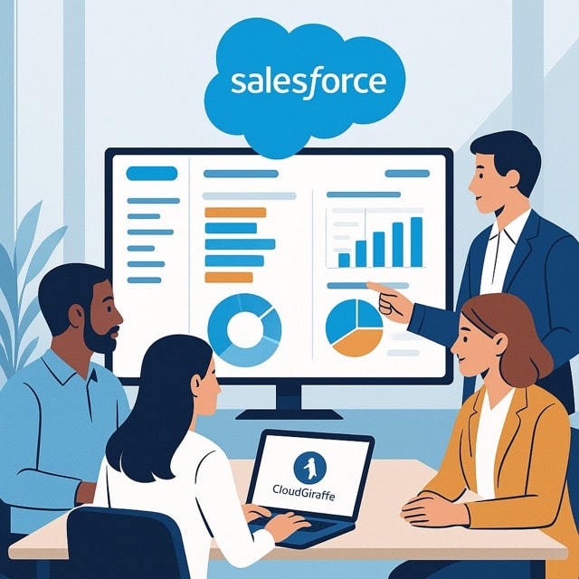 Équipe d’intégrateurs Salesforce collaborant sur un projet CRM chez Cloud Girafe, expert ESN