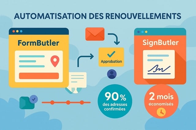 Automatisation des renouvellements — FormButler et SignButler, 90 % d’adresses confirmées, 2 mois économisés.