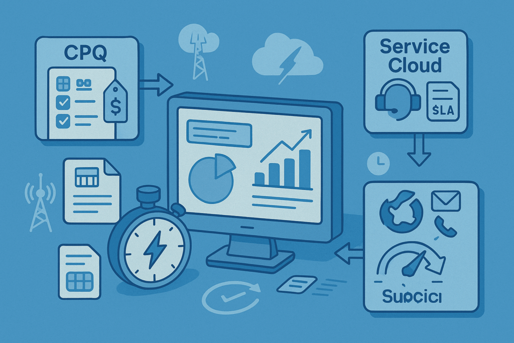Intégration CPQ et Service Cloud : devis/abonnements, SLA, Omni-Channel, tableau de bord et chronomètre, icônes télécom.