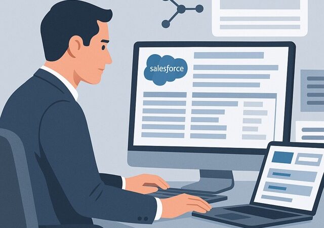 Professionnel travaillant sur Salesforce en marque blanche, optimisant l'intégration avec un site web, dans un environnement discret et professionnel.