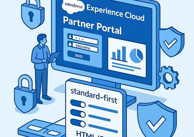 Portail partenaires sécurisé Salesforce Experience Cloud avec SSO/MFA, accès par rôles et tableaux de bord.