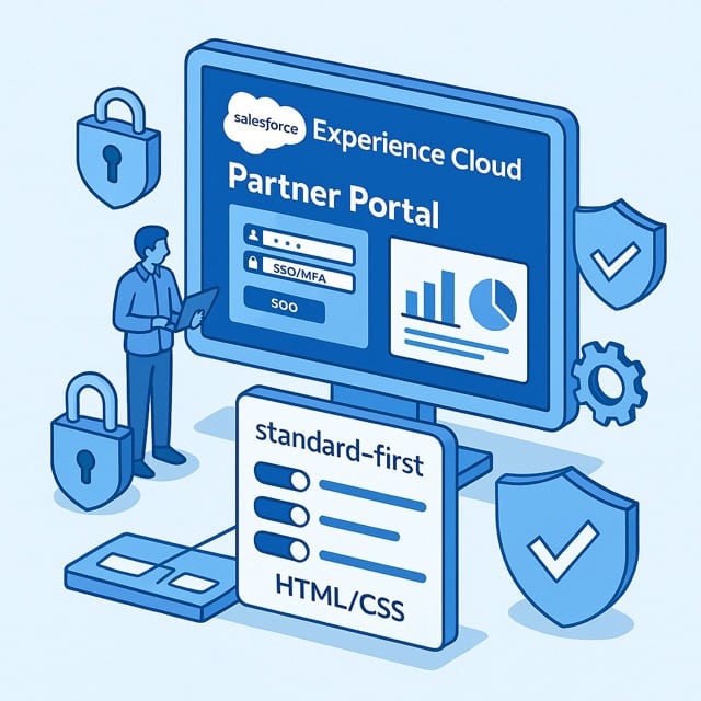 Portail partenaires sécurisé Salesforce Experience Cloud avec SSO/MFA, accès par rôles et tableaux de bord.