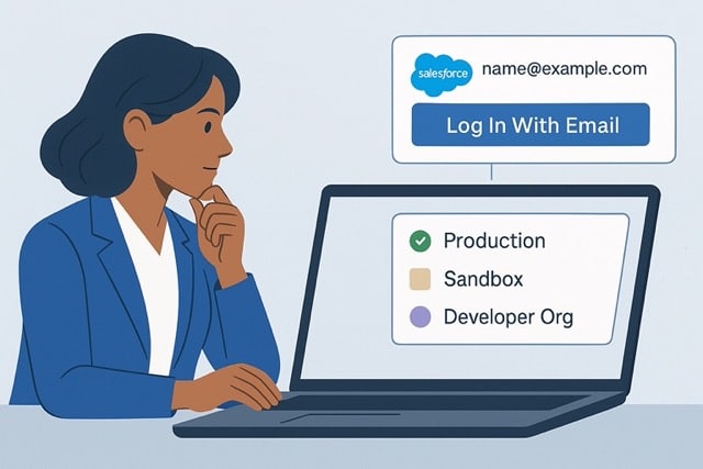 Interface de connexion Salesforce avec sélection d’environnement par email, utilisée par une consultante.