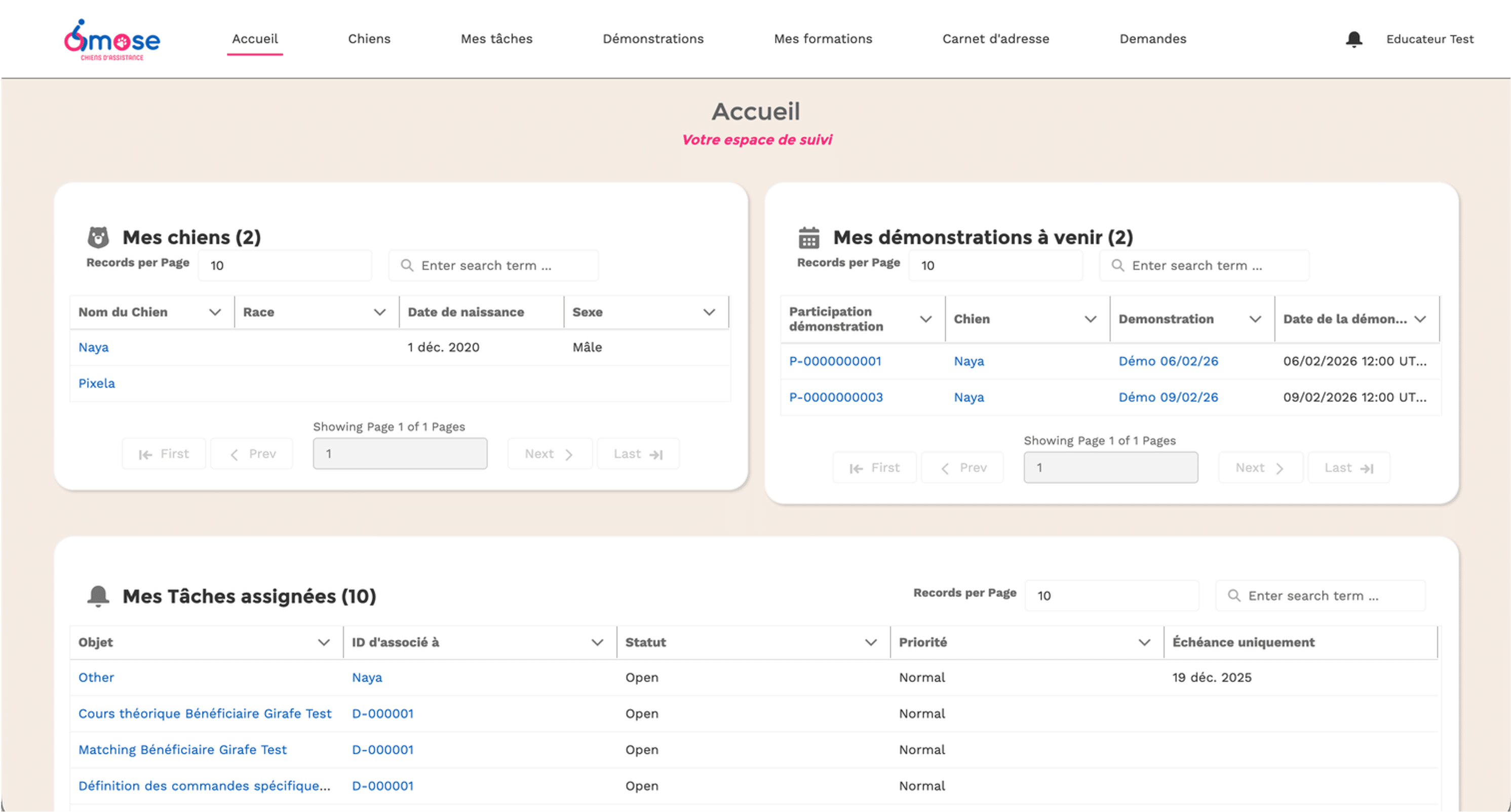 Page accueil du portail educateurs OS MOSE