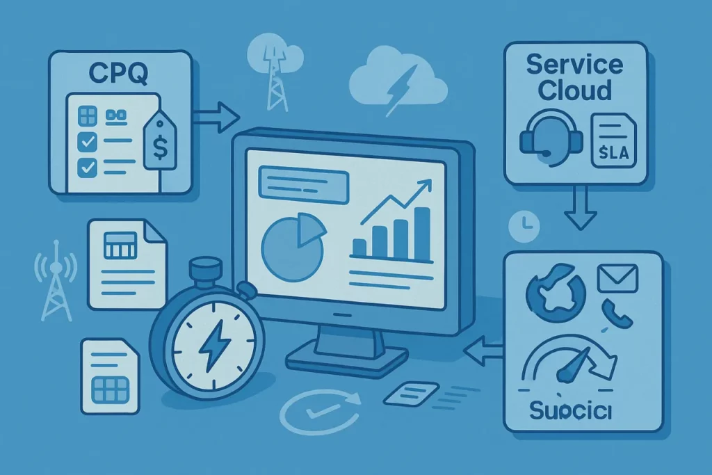 Intégration CPQ et Service Cloud : devis/abonnements, SLA, Omni-Channel, tableau de bord et chronomètre, icônes télécom.