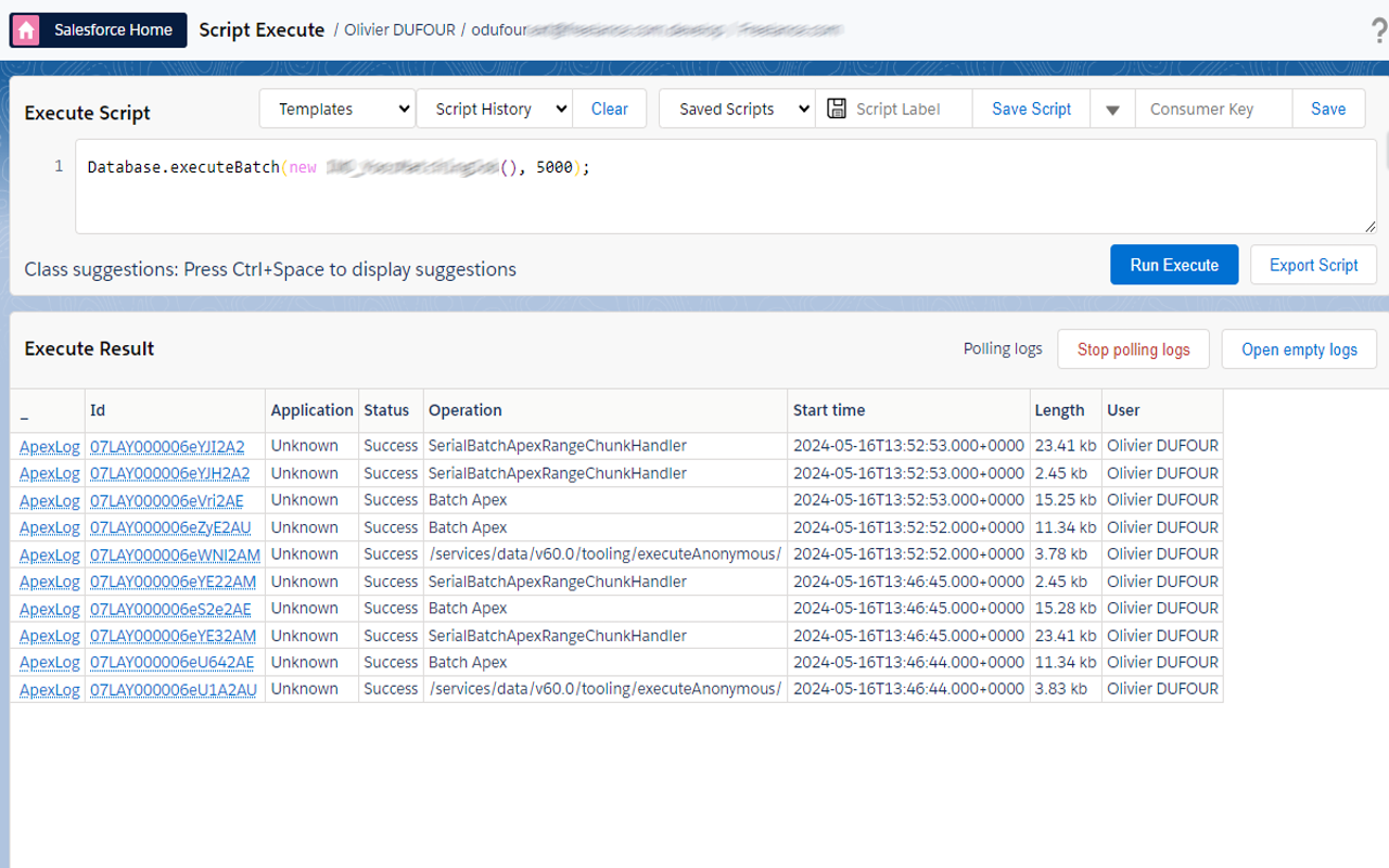 Interface Apex Runner de Salesforce Inspector Advanced