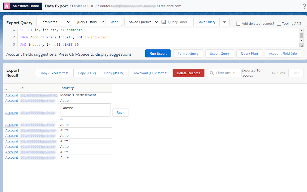 Interface Data Export de Salesforce Inspector Advanced