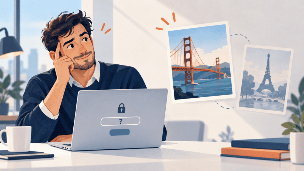 Utilisateur bloqué par une question de sécurité, avec San Francisco comme réponse et Paris comme autre piste