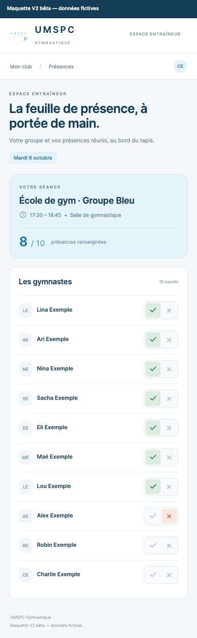 Appel sur téléphone par un entraîneur, maquette V2 bêta et données fictives
