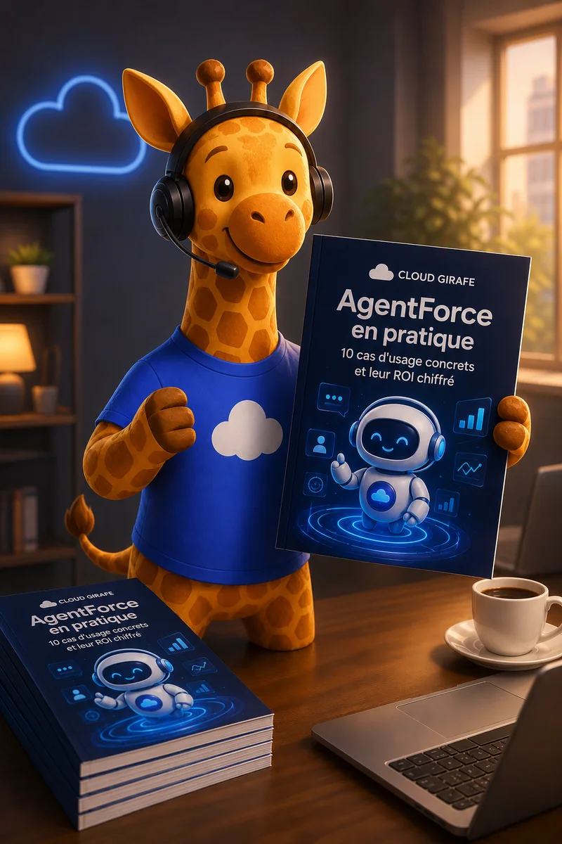 La girafe Cloud Girafe présente le livre blanc « AgentForce 10 cas d'usage ».