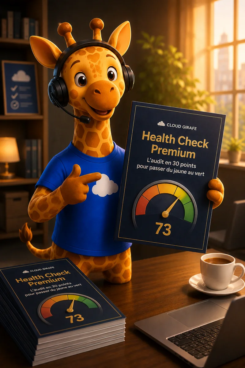 La girafe Cloud Girafe présente le livre blanc « Salesforce Health Check Premium 30 points ».