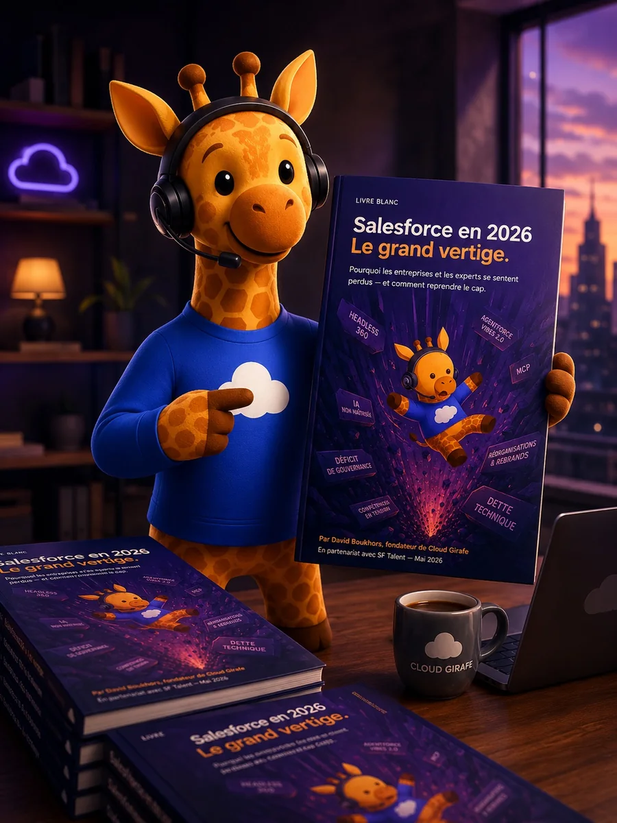 La girafe Cloud Girafe présente le livre blanc « Salesforce 2026 : le grand vertige ».