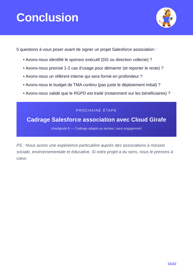 Cinq questions avant un projet Salesforce : sponsor, priorités, référent, accompagnement et protection des données.